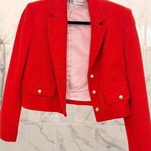 Zara Red Cropped Pearl-Button Blazer